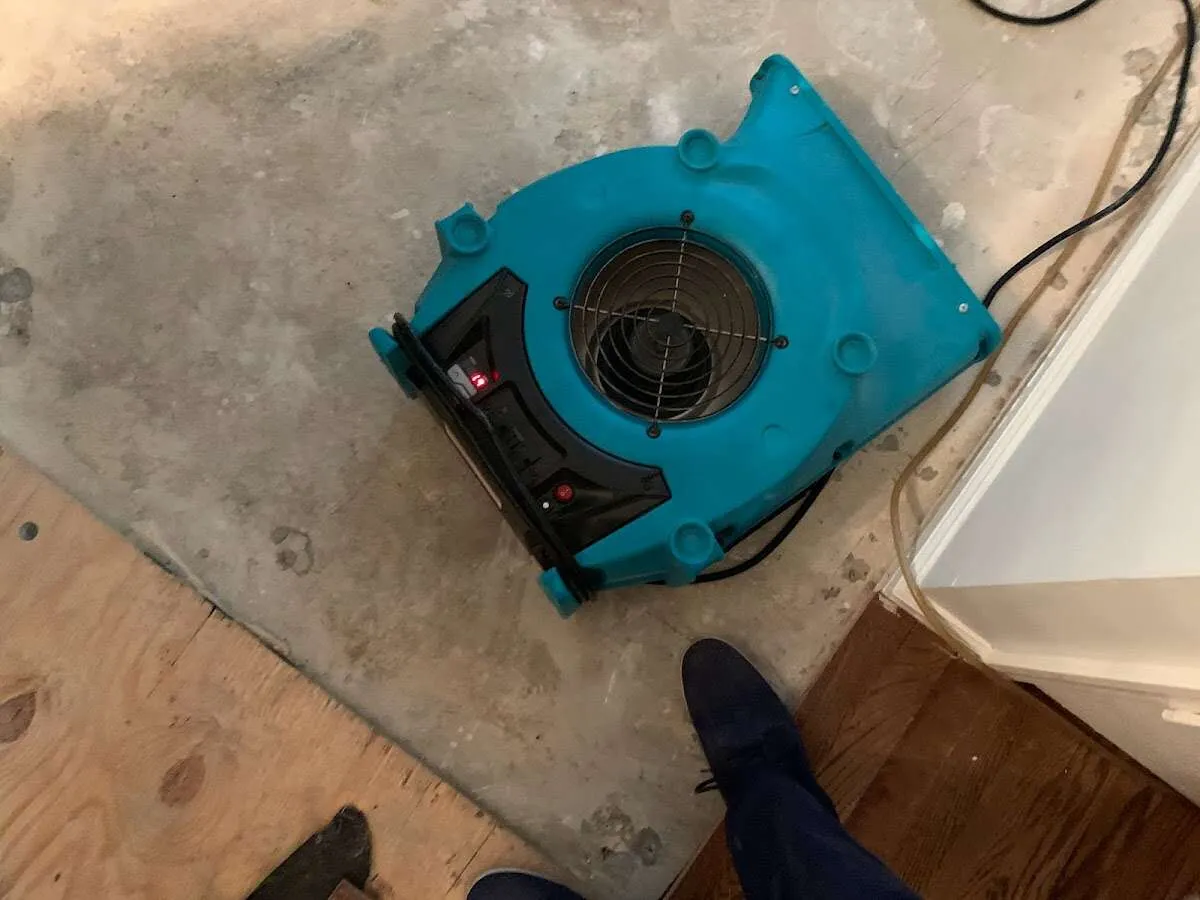Air mover drying subfloor during Commercial Water Damage Restoration in Wyldwood